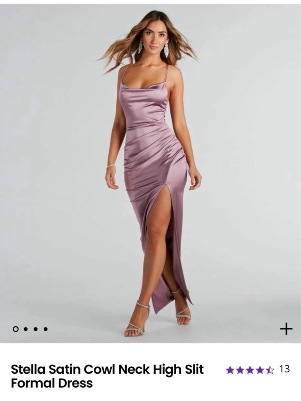 Windsor Mauve Satin Cowl-Neck Maxi Dress with High Slit in lavender.
